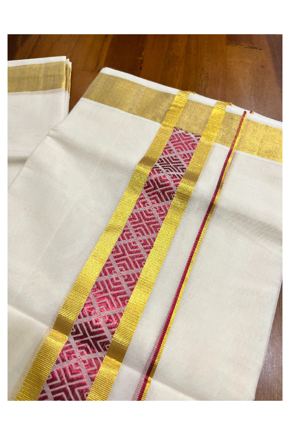 Southloom Premium Handloom Pure Cotton Mundu with Golden and Magenta Kasavu Woven Border (Vishu 2024 Collection)