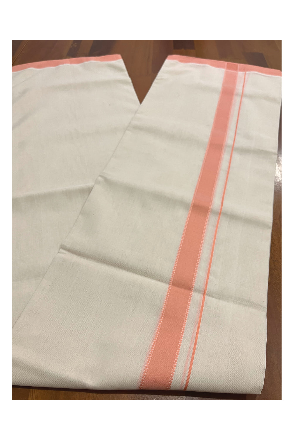 Southloom Premium Balaramapuram Unakkupaavu Handloom Mundu with Peach Border (South Indian Kerala Dhoti)