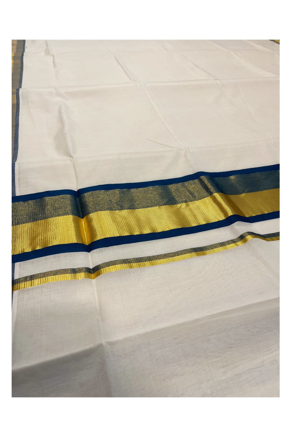 Southloom Premium Handloom Cotton Saree with Kasavu and Blue Border