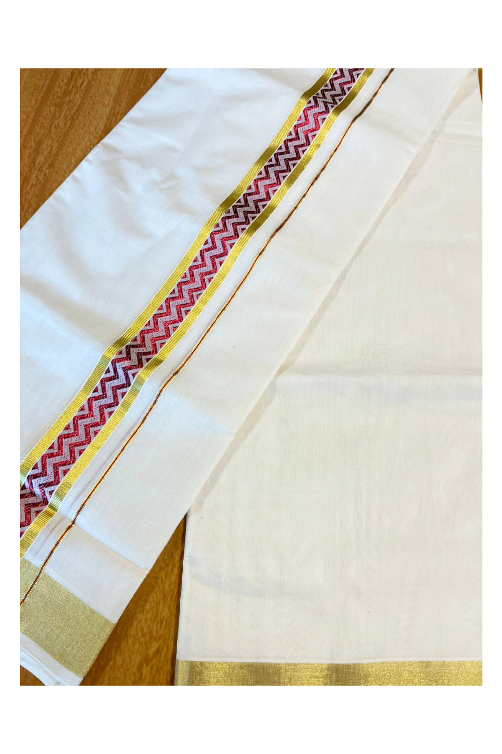 Southloom Premium Handloom Pure Cotton Mundu with Red and Kasavu Woven Border