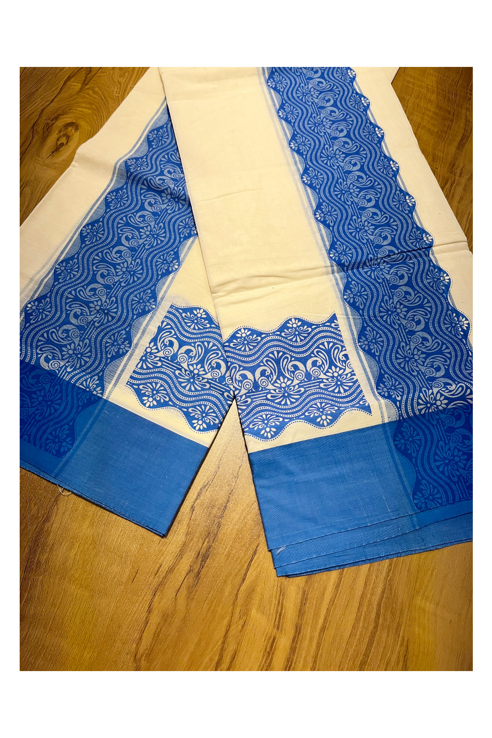 Kerala Cotton Single Set Mundu (Mundum Neriyathum) with Blue Block print Work Border 2.80Mtrs