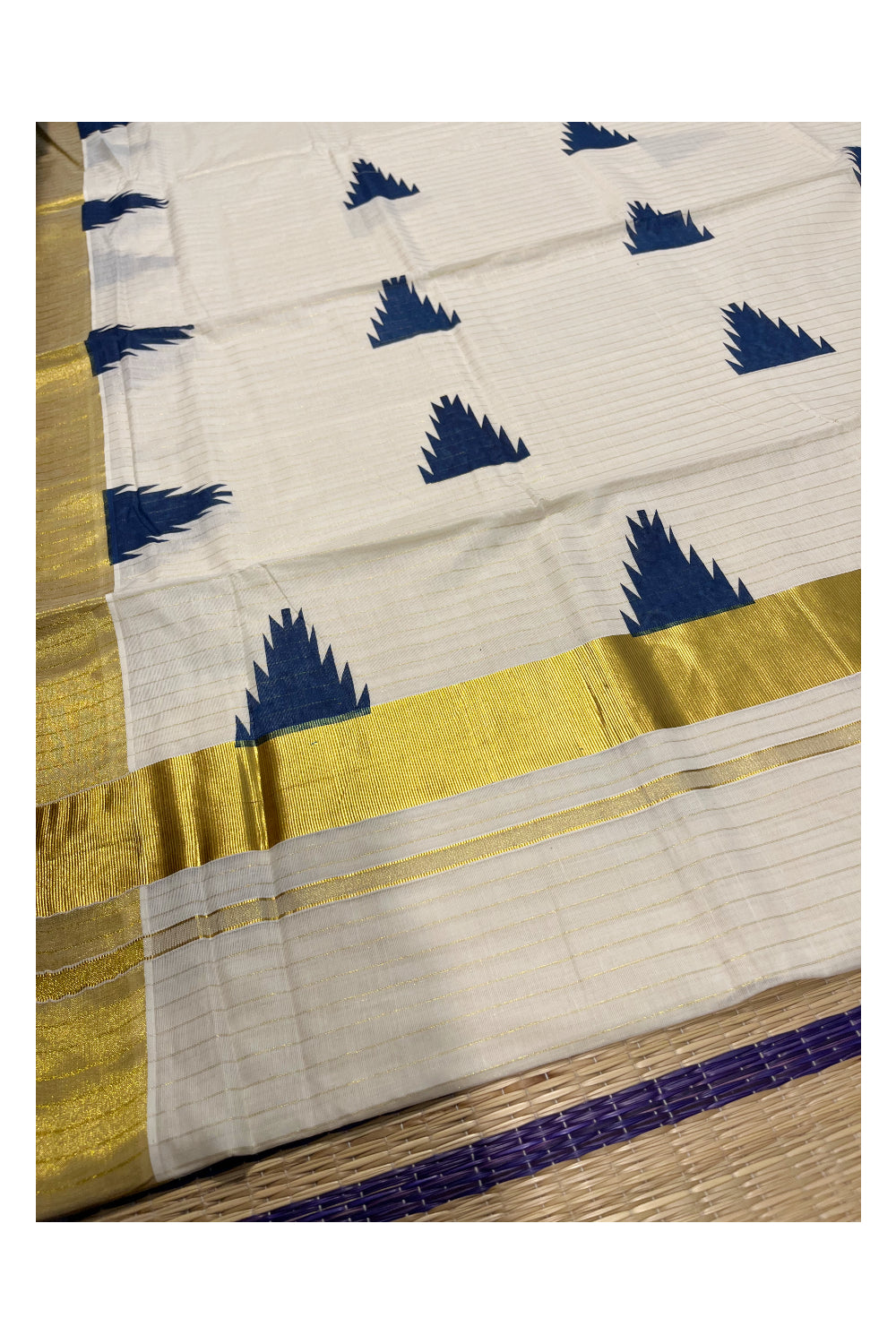 Kerala Cotton Kasavu Lines Saree With Blue Temple Prints on Border