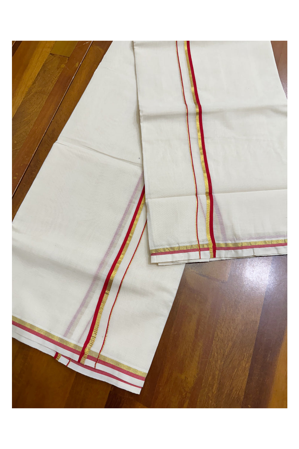 Kerala Cotton Puliyilakkara Set Mundu (Mundum Neriyathum) with 0.5 inch Kasavu and Red Border 2.80 Mtrs