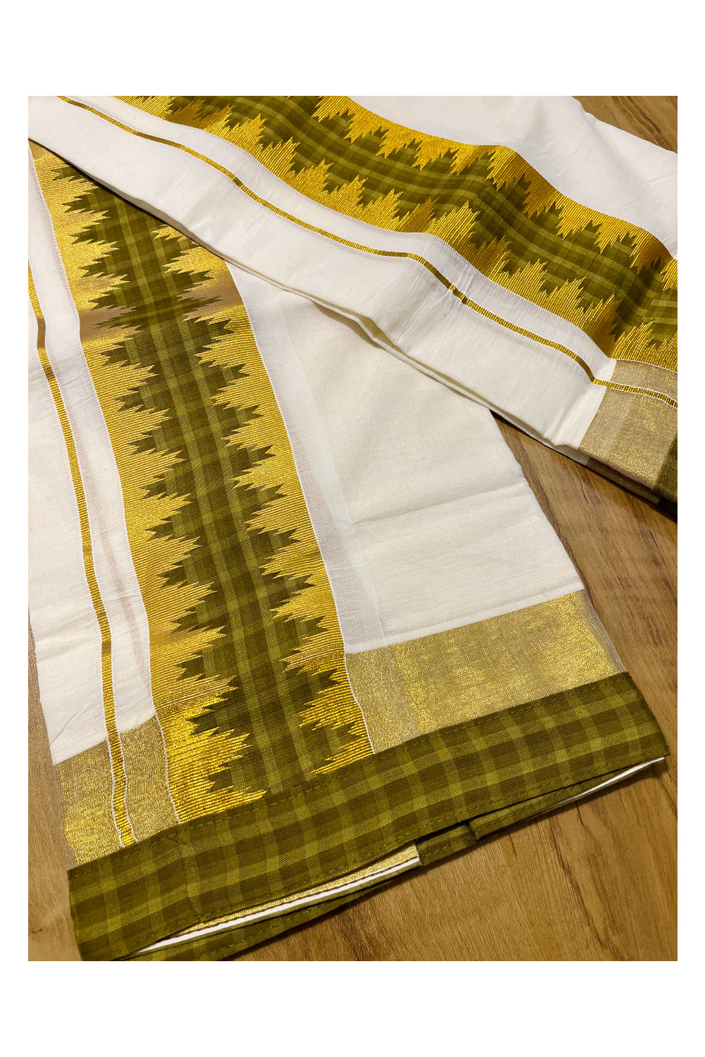 Kerala Cotton Single Set Mundu (Mundum Neriyathum) with Green Temple Applique Work Border 2.80Mtrs