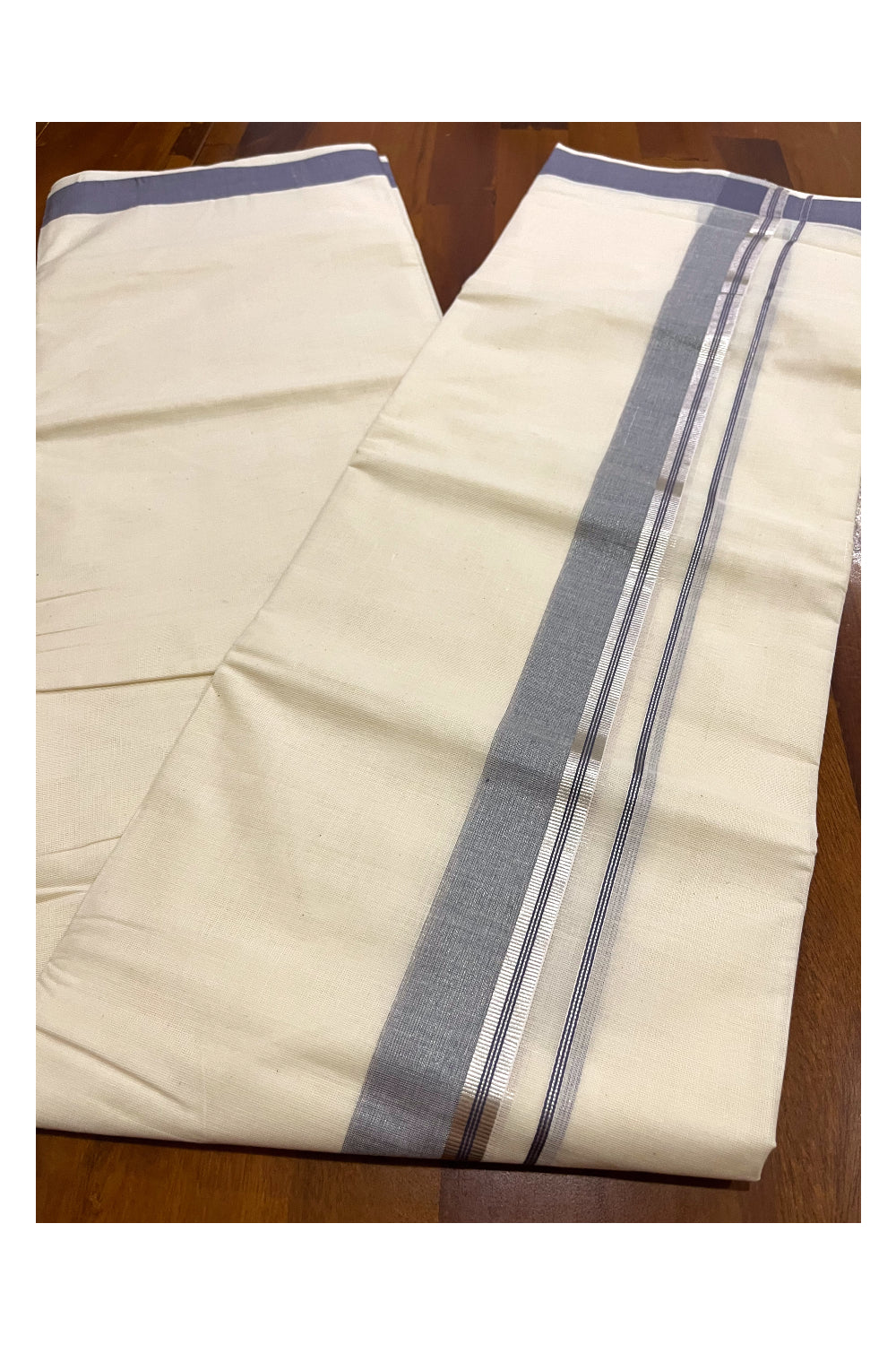 Kerala Cotton Double Mundu with Grey and Silver Kasavu Border (Onam Mundu 2023)