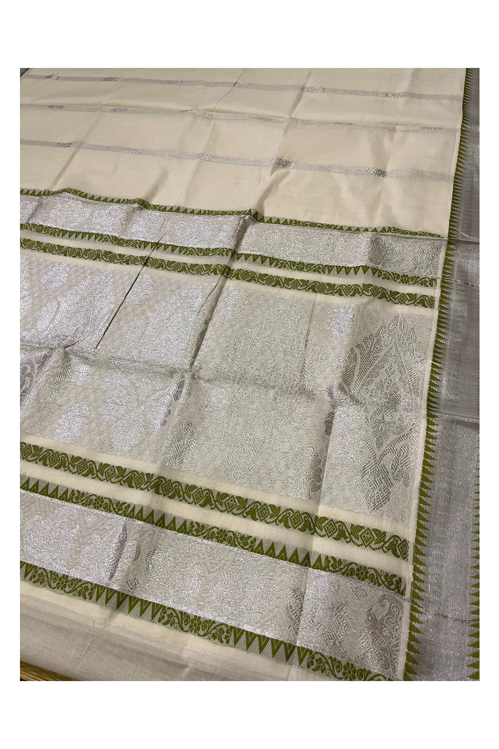 Kerala Silver Kasavu Heavy Woven Work Cotton Saree with Green Temple Border