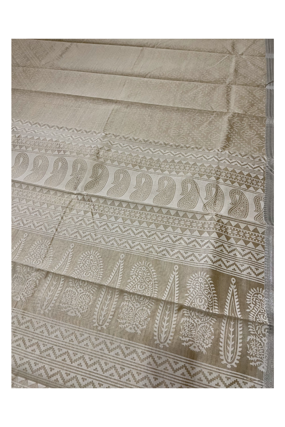 Southloom Semi Tussar White Woven Saree with Silver Zari Border