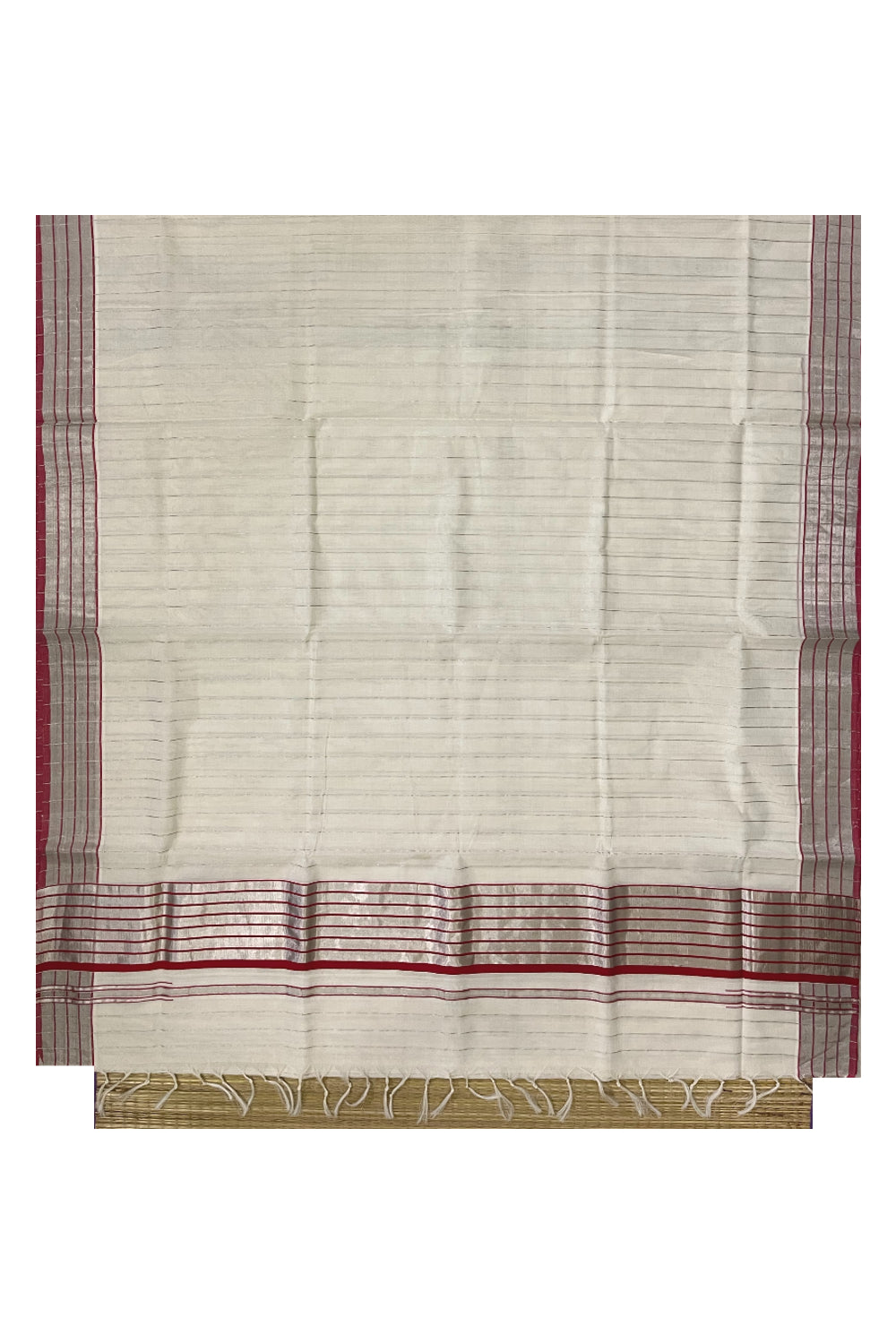 Southloom Premium Handloom Saree with Red Border and Silver Kasavu Lines Across Body