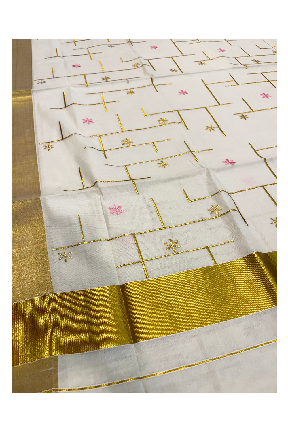 Southloom Kerala Cotton Kasavu Saree with Pink and Golden Floral Embroidery Designs