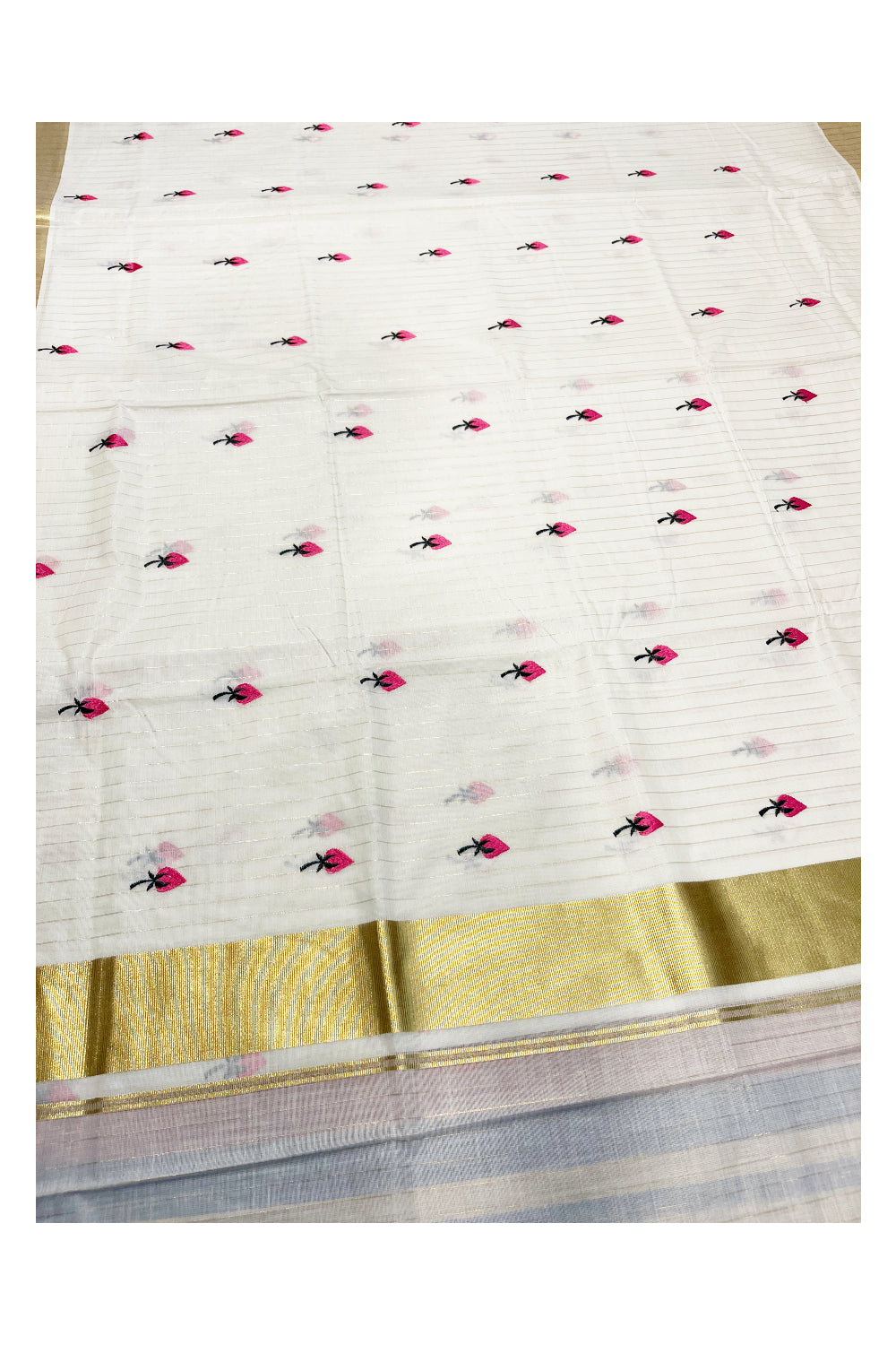 Kerala Cotton Kasavu Lines Saree with Pink Floral Embroidery Works On Body