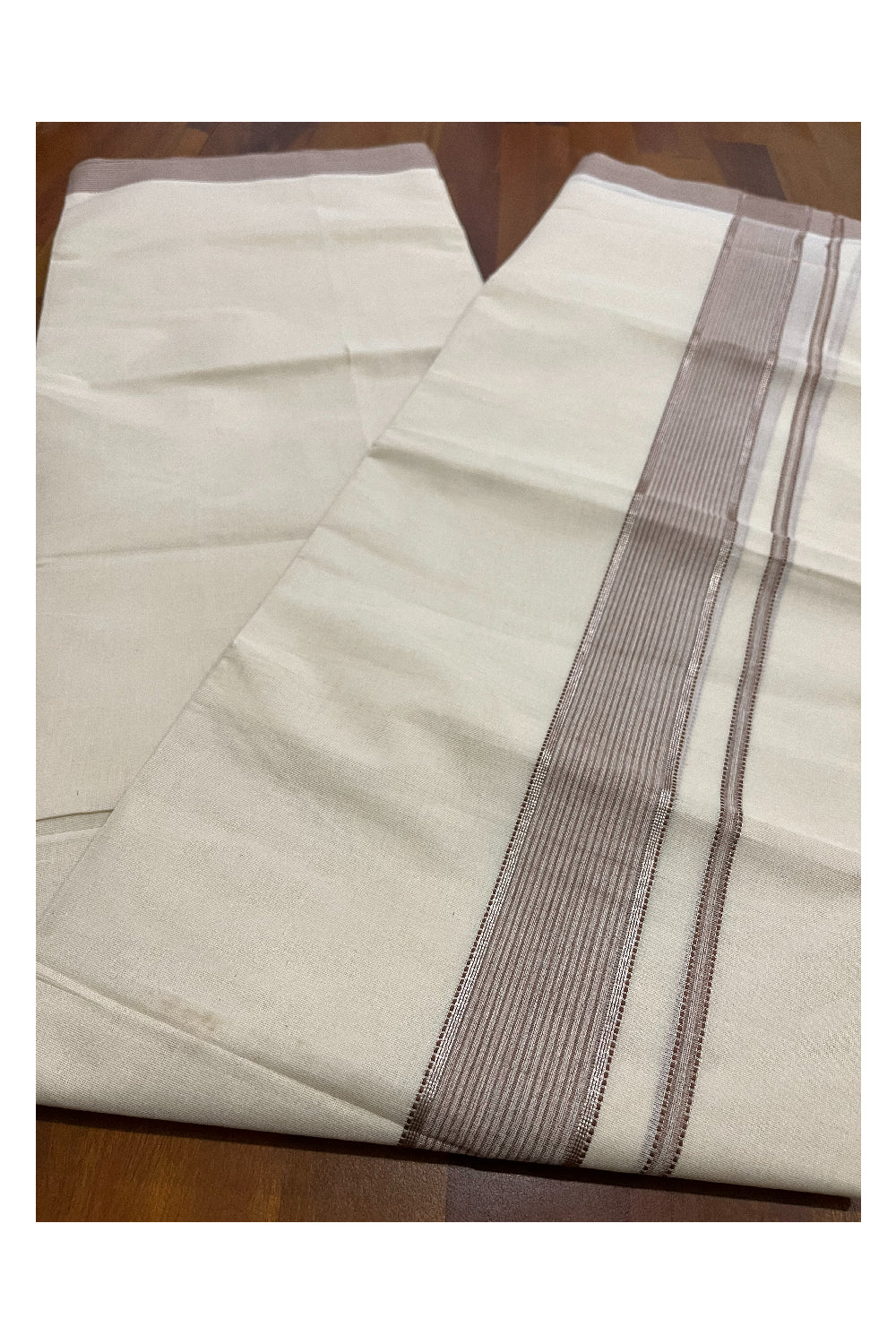 Pure Cotton 100x100 Double Mundu with Brown and Silver Kasavu Kara (Onam Mundu 2023)