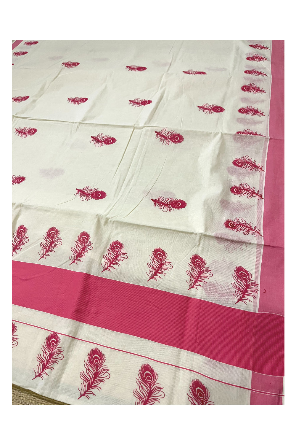 Pure Cotton Kerala Saree with Pink Feather Block Printed Border