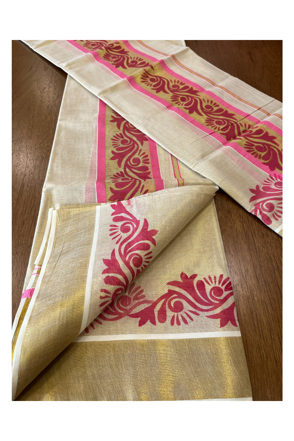 Kerala Tissue Set Mundu (Mundum Neriyathum) with Pink Floral Block Prints on Border 2.80 Mtrs