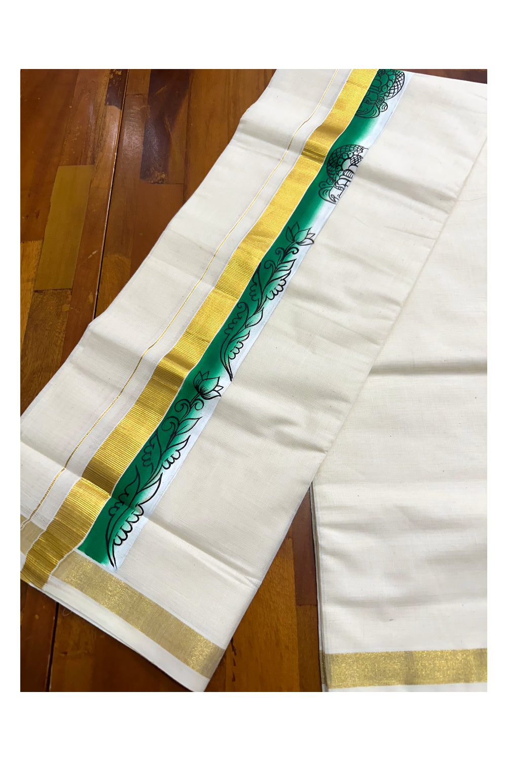 Kerala Pure Cotton Double Mundu with Hand Painted Designs on Kasavu Border(South Indian Kerala Dhoti)