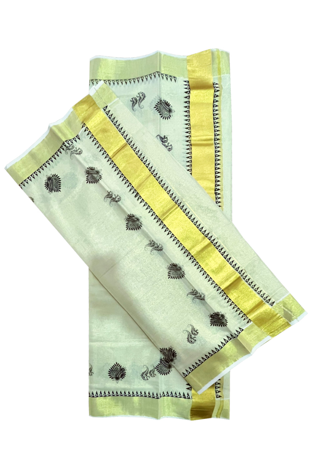 Kerala Tissue Single Set Mundu (Mundum Neriyathum) with Black Block Prints and Temple Border 2.80 Mtrs