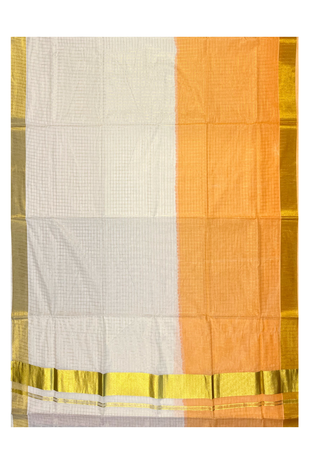 Southloom Cotton Tie & Dye - Half & Half Orange Design Saree with Kasavu Checks Across Body