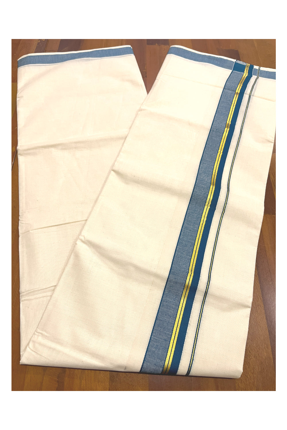 Pure Cotton Kerala Double Mundu with Kasavu and Blue Kara (South Indian Kerala Dhoti)