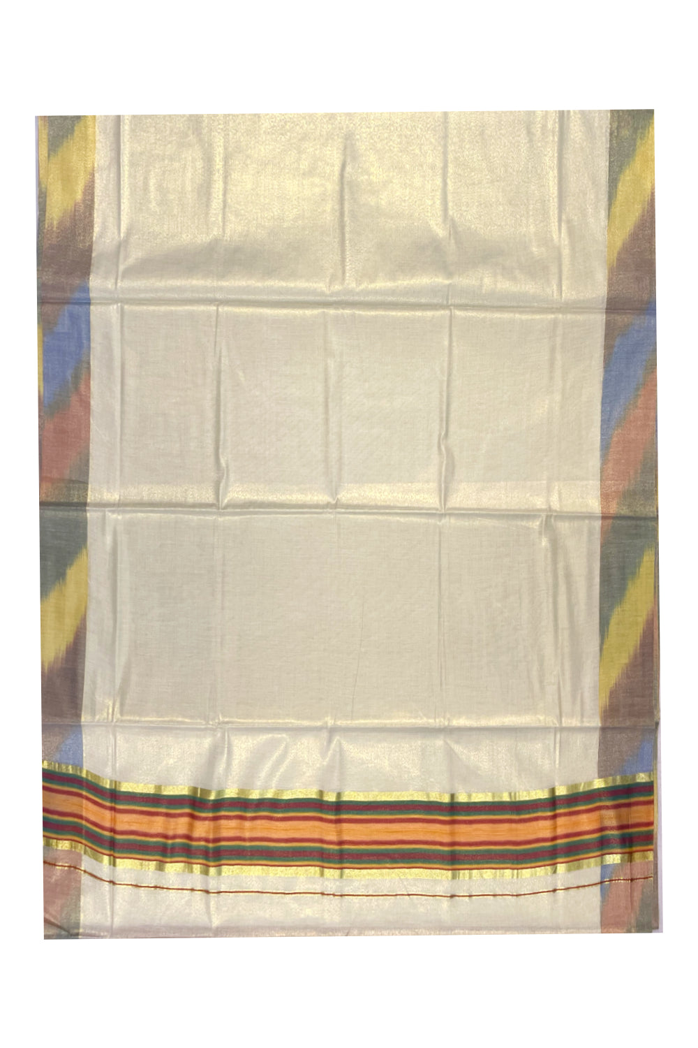 Southloom Kerala Tissue Kasavu Saree with Orange and Red,Green Pochampally Design on Borders and Kara