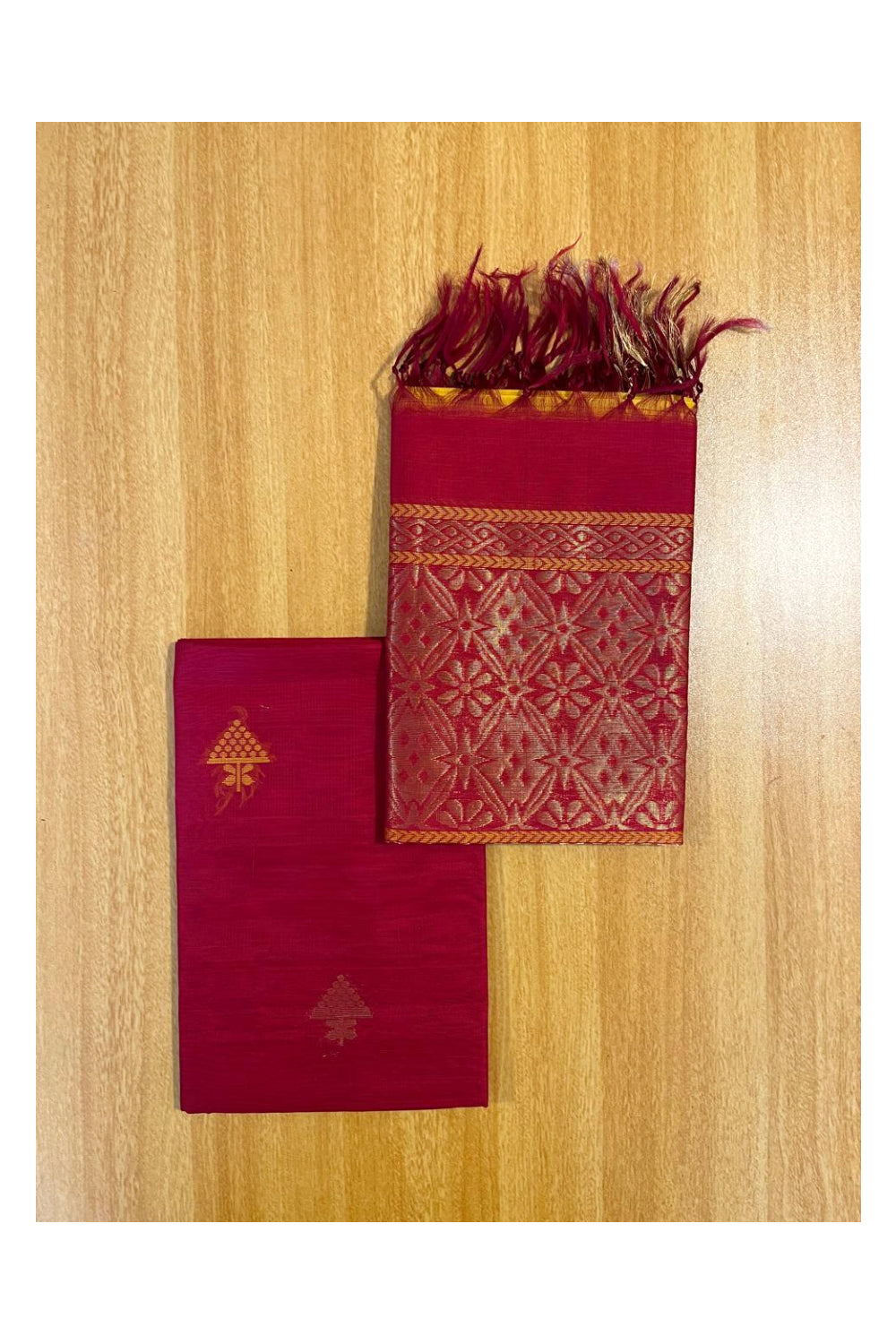 Southloom™ Original Handloom Cotton Pure Silk 3 Piece Red and Yellow Salwar Material with Woven Zari Butta Work