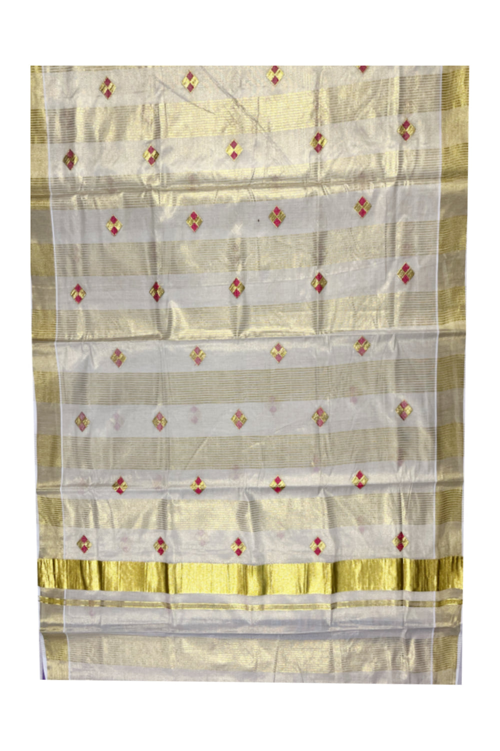 Kerala Tissue Kasavu Stripes Saree with Pink and Golden Diagonal Floral Embroidery Design on Body