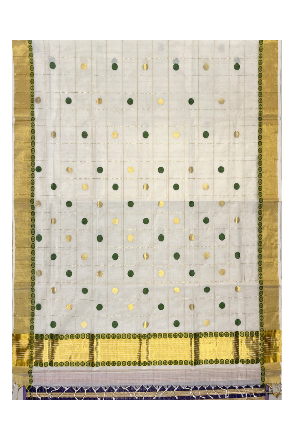 Southloom Premium Handloom Check Kasavu Saree with Green and Golden Polka Woven Designs Across Body