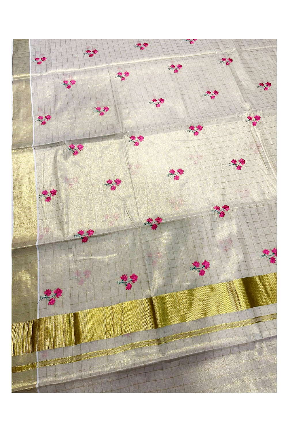 Kerala Tissue Kasavu Check Saree with Flower Embroidery Works