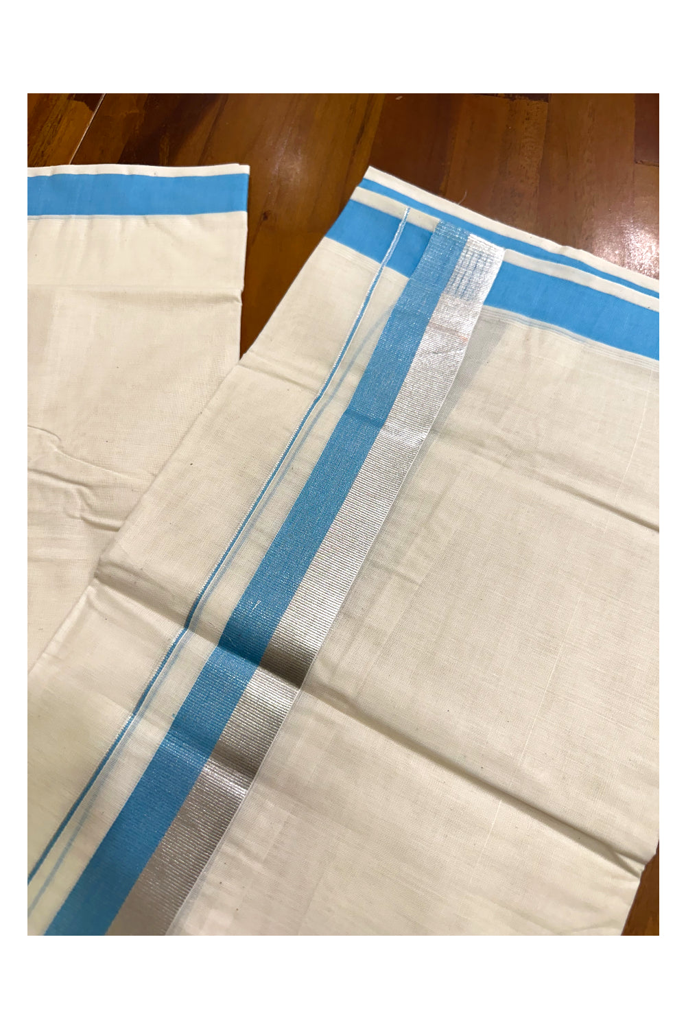 Kerala Pure Cotton Off White Double Mundu with Silver Kasavu And Blue Kara (South Indian Kerala Dhoti)