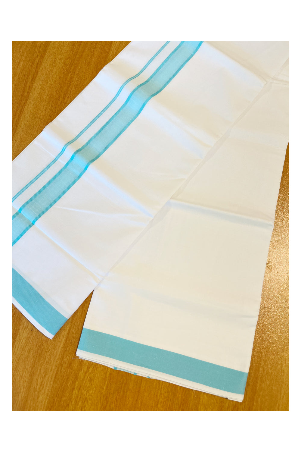 Pure White Cotton Single Mundu with Turquoise Kara (South Indian Dhoti)