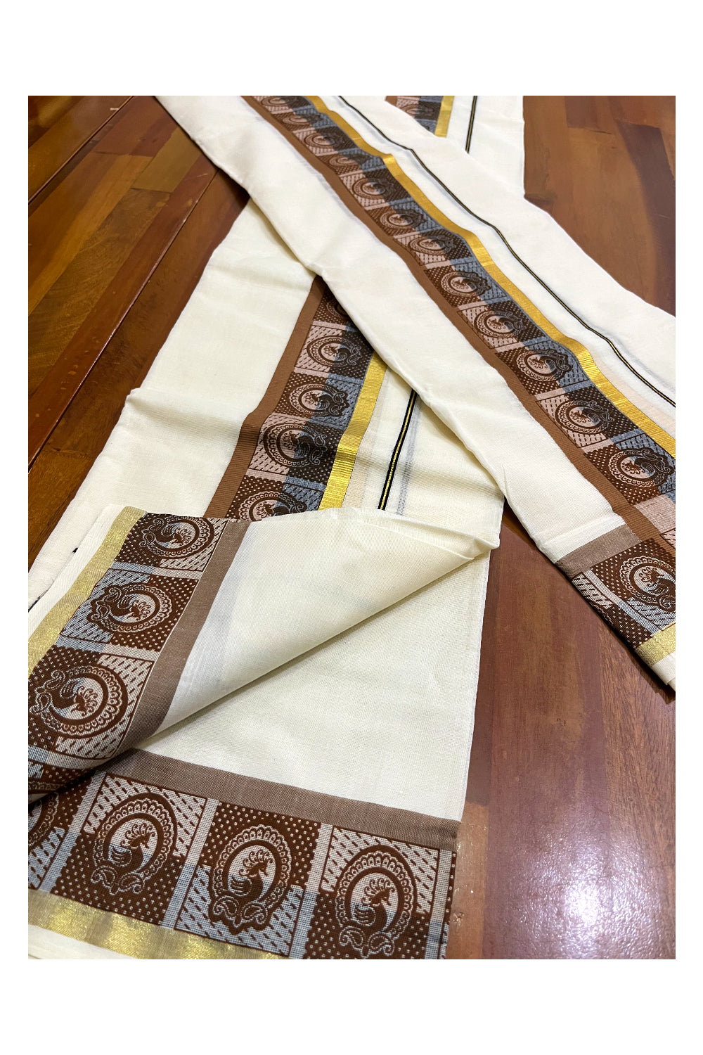 Kerala Cotton Kasavu Single Set Mundu (Mundum Neriyathum) with Blue and Brown Kara and Block Prints