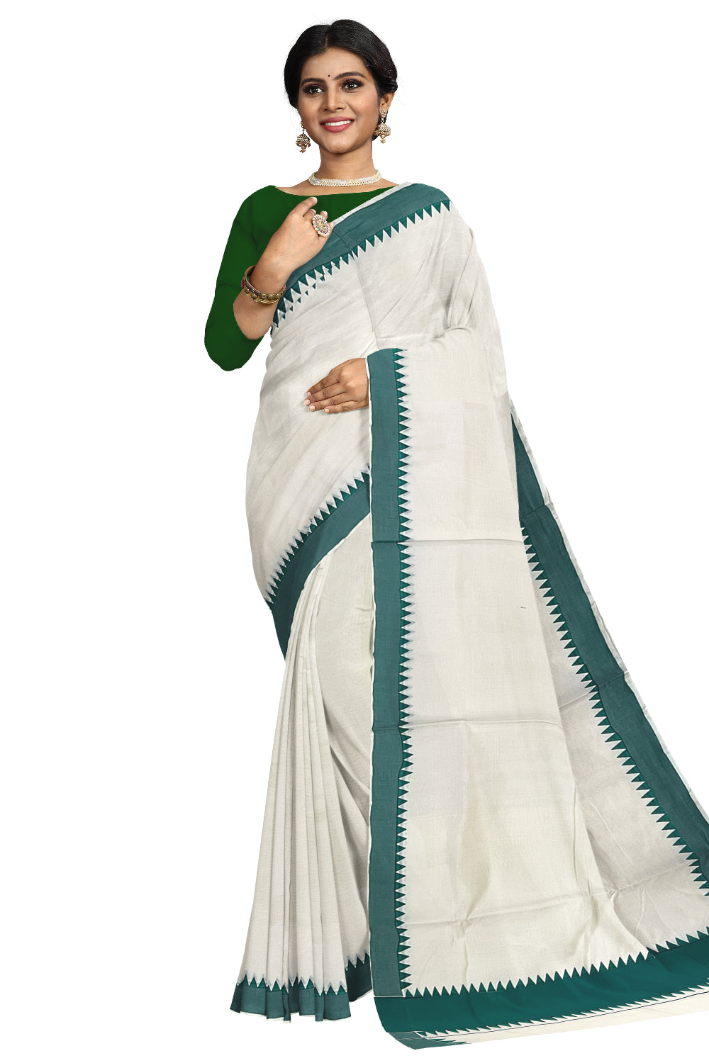 Kerala Pure Cotton Saree with Green Temple Block Prints on Border