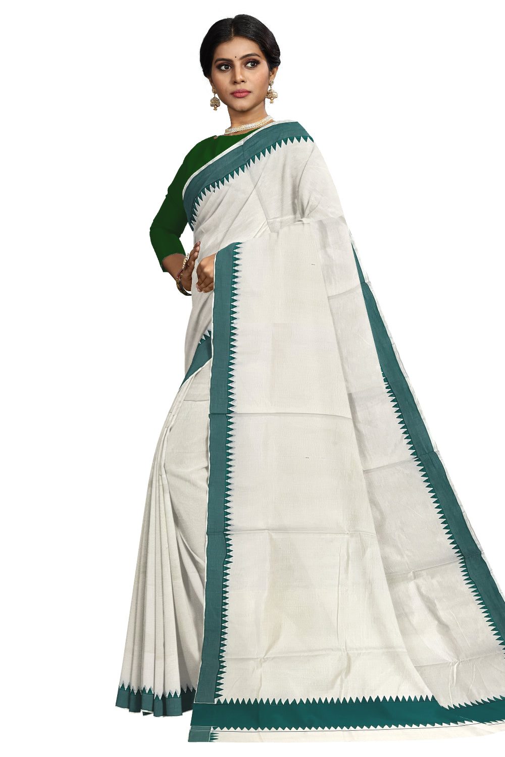 Kerala Pure Cotton Saree with Green Temple Block Prints on Border