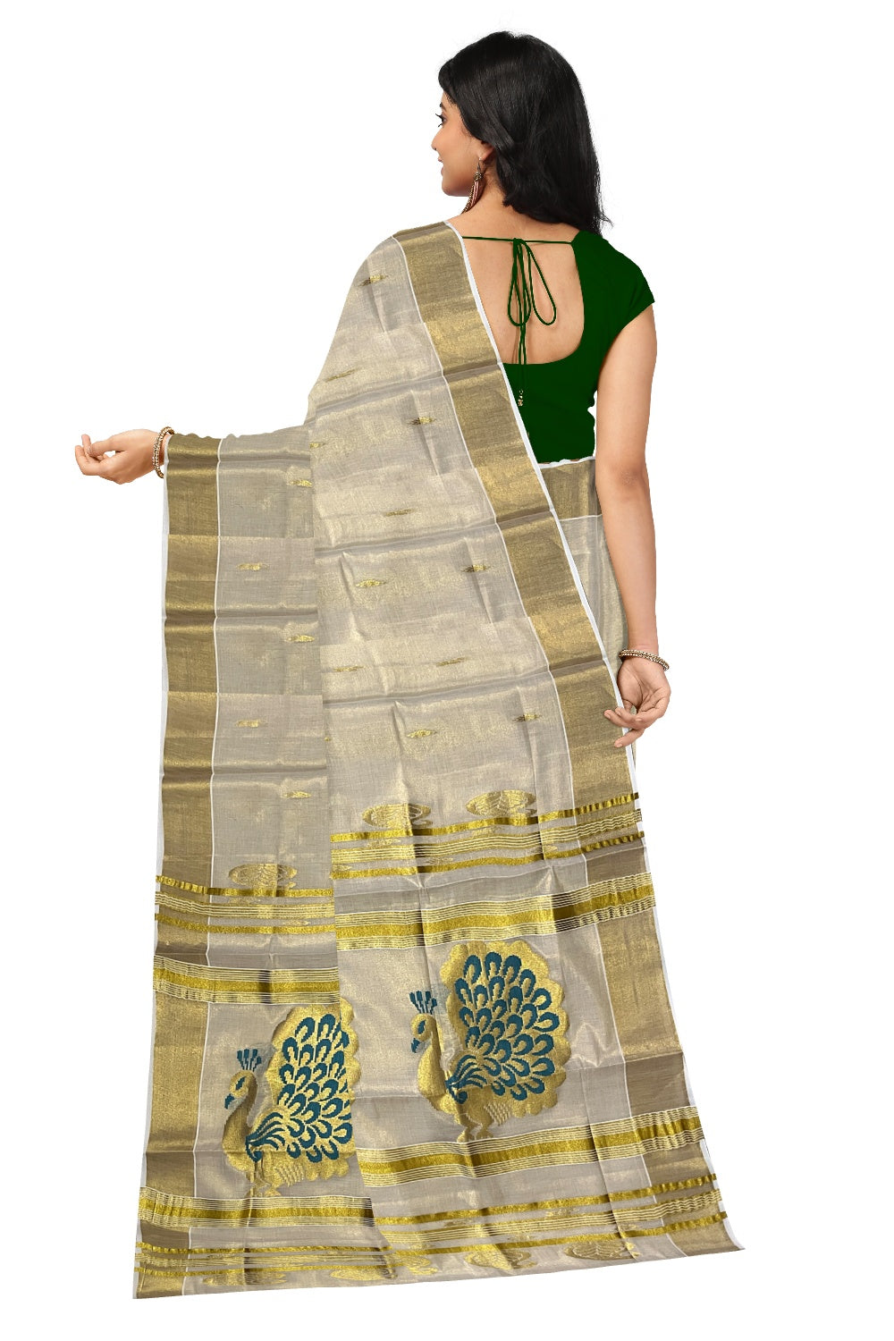 Kerala Tissue Kasavu Saree with Golden and Green Heavy Woven Works (Onam Saree 2023)