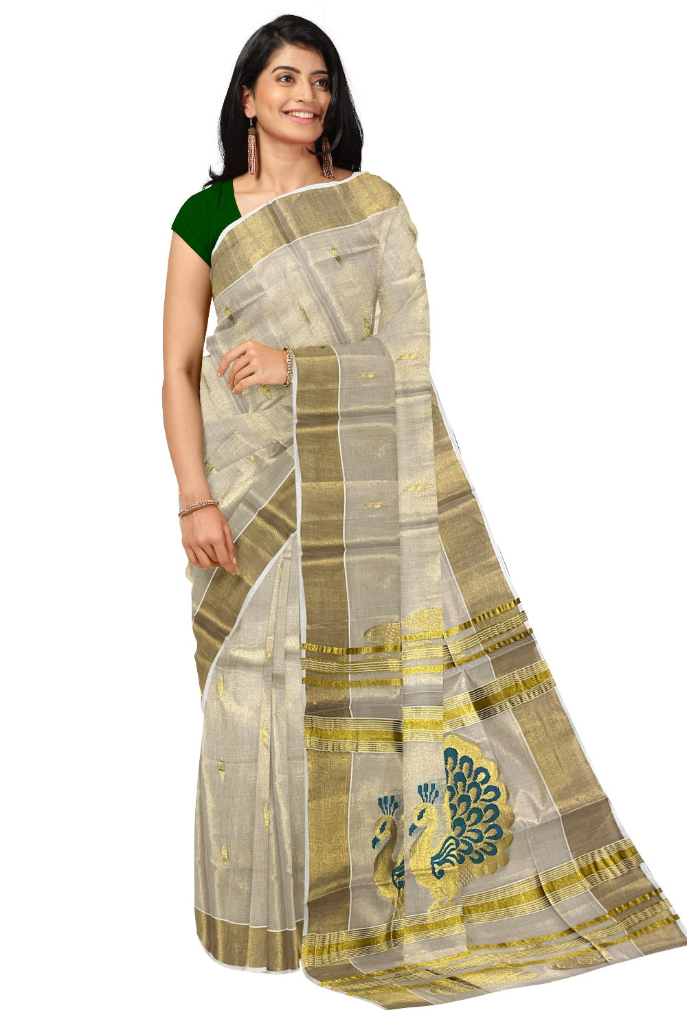 Kerala Tissue Kasavu Saree with Golden and Green Heavy Woven Works (Onam Saree 2023)