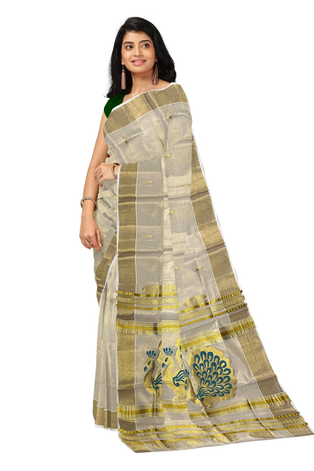 Kerala Tissue Kasavu Saree with Golden and Green Heavy Woven Works (Onam Saree 2023)