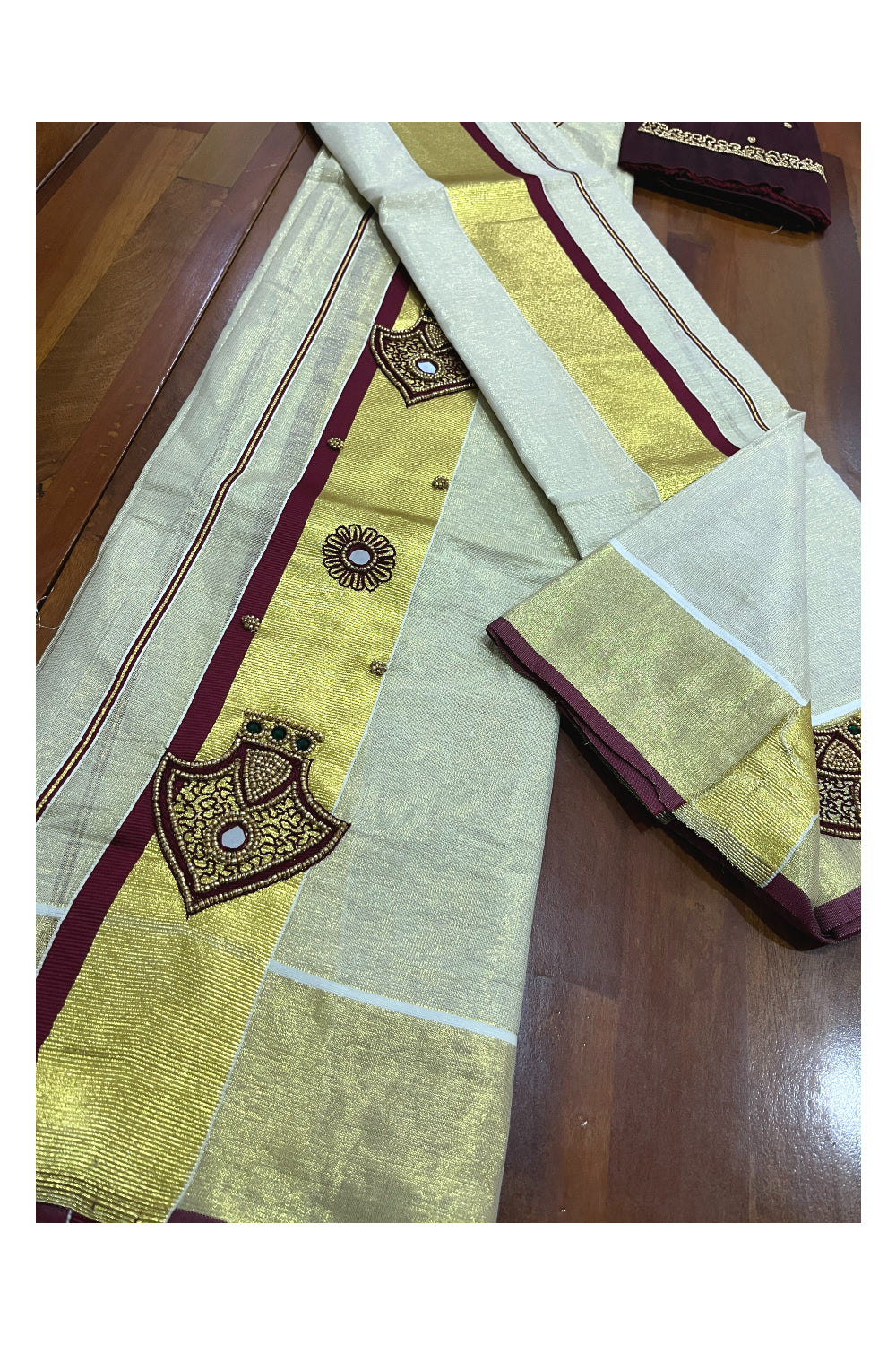 Kerala Tissue Kasavu Set Mundu (Mundum Neriyathum) with Handwork Design and Maroon Blouse Piece