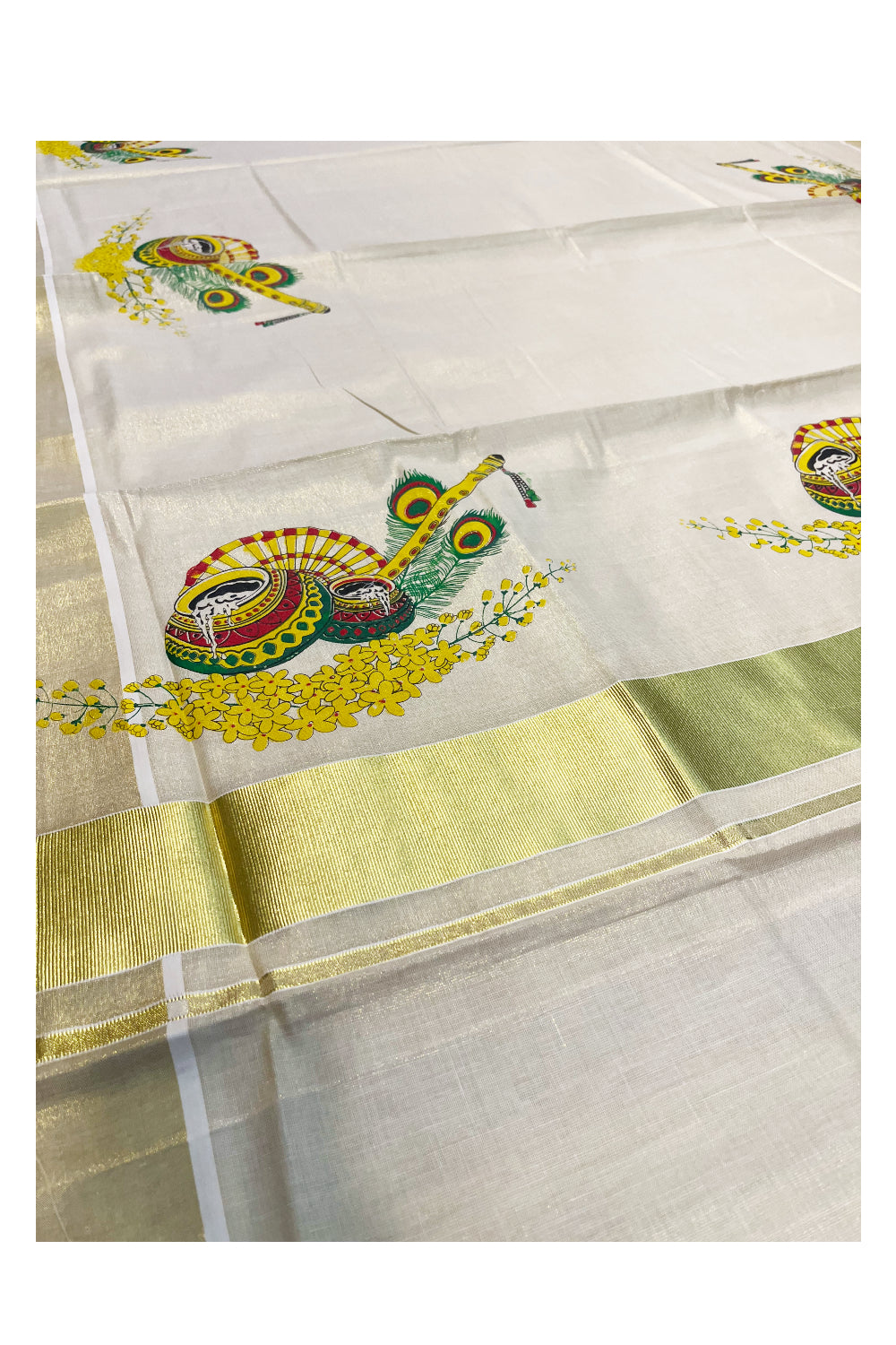 Kerala Tissue Kasavu Saree with Peacock Feather and Flute Mural Printed Designs