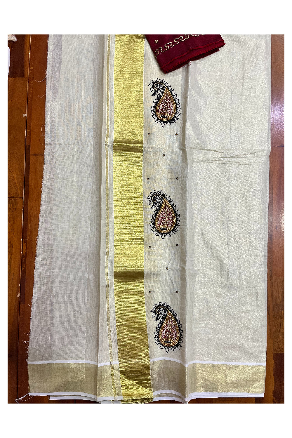 Kerala Tissue Kasavu Set Mundu (Mundum Neriyathum) with Bead Handwork Design and Maroon Blouse Piece - 2.80Mtrs (Vishu 2024 Collection)