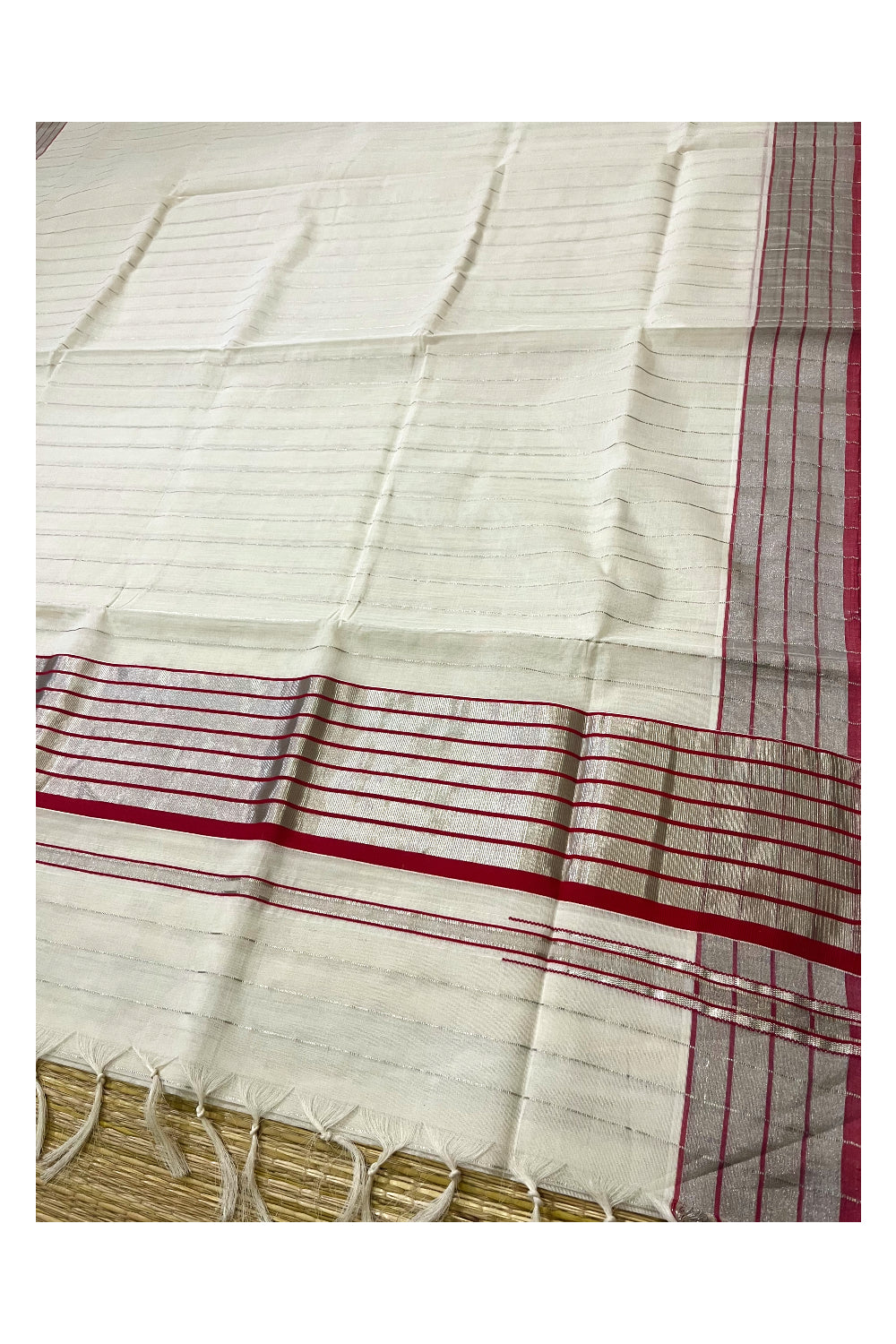 Southloom Premium Handloom Saree with Red Border and Silver Kasavu Lines Across Body