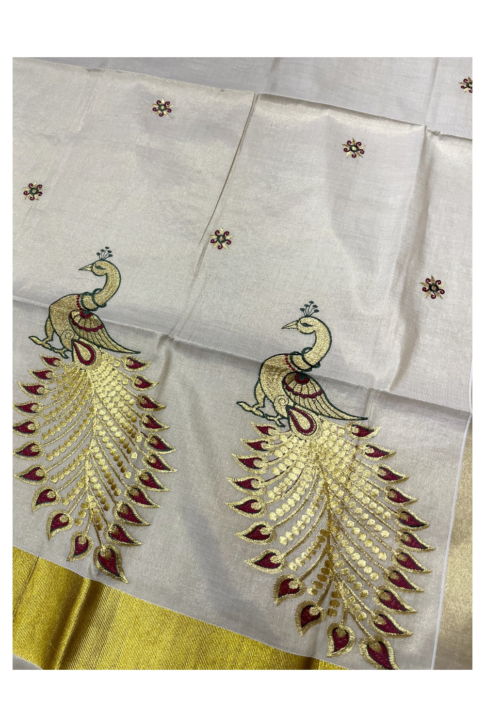 Kerala Tissue Red and Golden Peacock Embroidery Work Kasavu Saree (Vishu 2024 Collection)