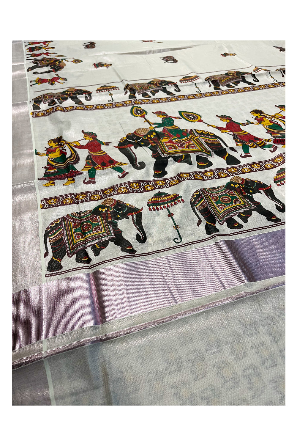 Kerala Rose Copper Tissue Kasavu Saree With Mural Festival Parasol and Elephant Design (include Printed Running Blouse)