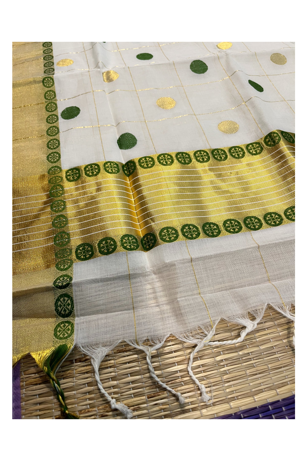 Southloom Premium Handloom Check Kasavu Saree with Green and Golden Polka Woven Designs Across Body