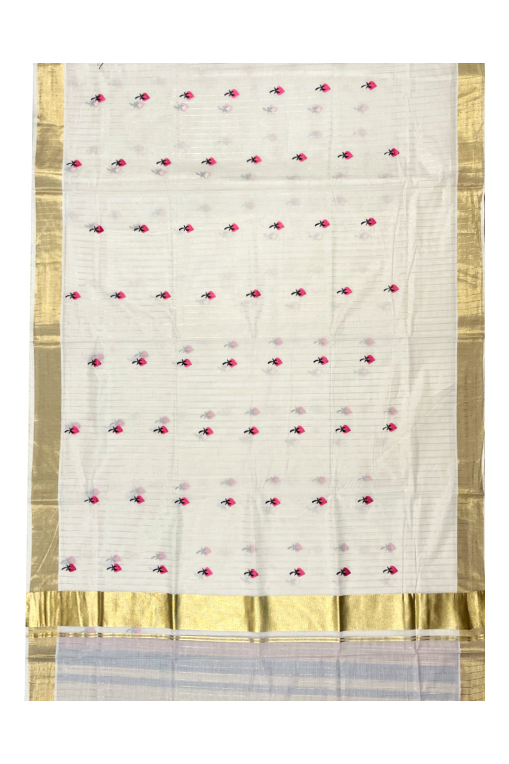 Kerala Cotton Kasavu Lines Saree with Pink Floral Embroidery Works On Body