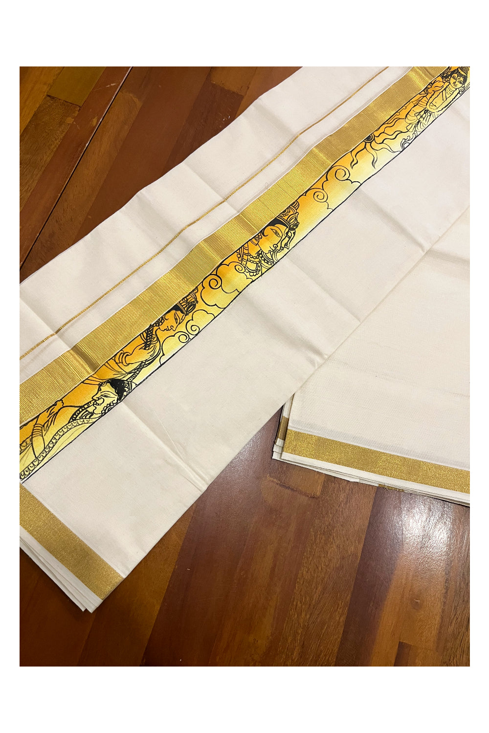 Pure Cotton Kasavu Mundu with Mural Hand Painted Border (Onam Mundu 2023)