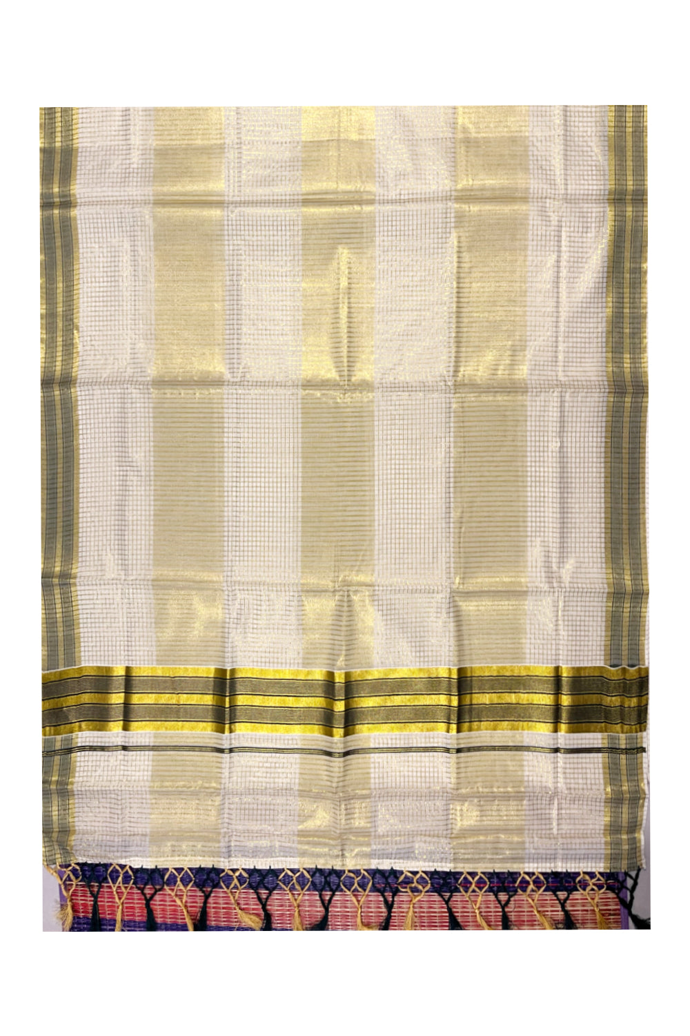 Pure Cotton Kerala Kasavu Check Saree with Green Border