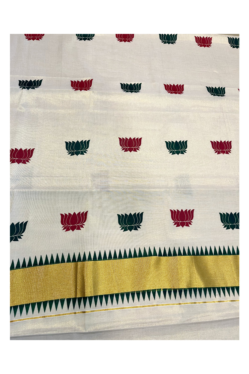 Kerala Tissue Kasavu Saree with Green and Maroon Lotus Block Prints