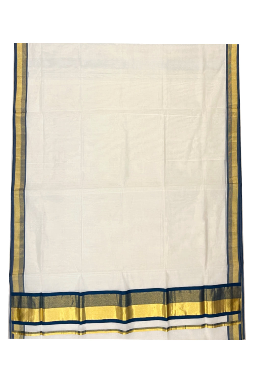 Southloom Premium Handloom Cotton Saree with Kasavu and Blue Border