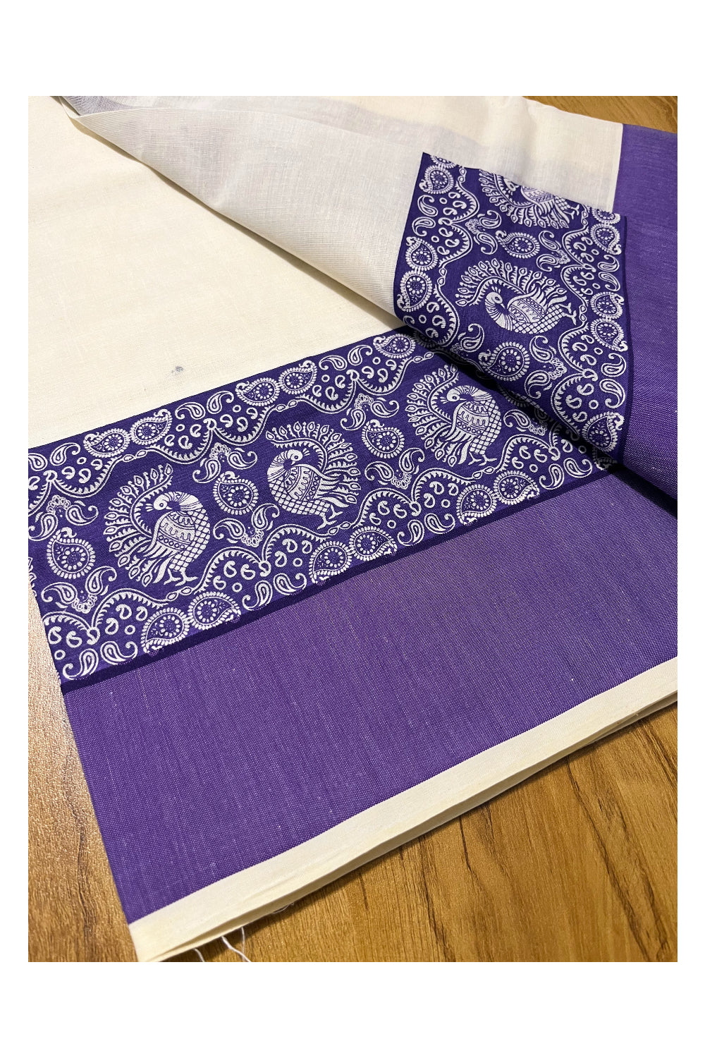 Kerala Cotton Single Set Mundu (Mundum Neriyathum) with Violet Block print Work Border 2.80Mtrs