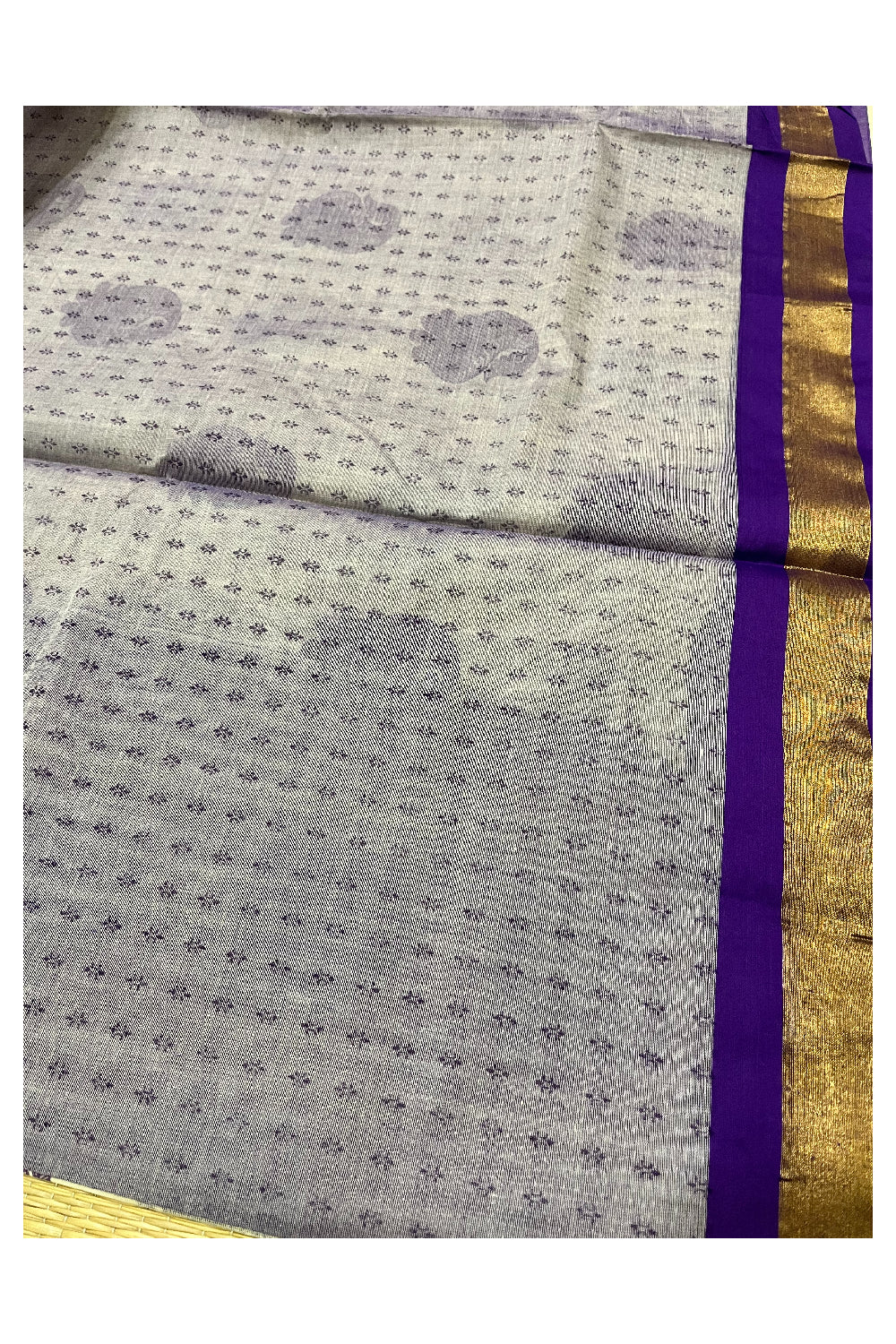 Pure Cotton Kerala Saree with Violet Block Prints and Kasavu Border (Vishu 2024 Collection)