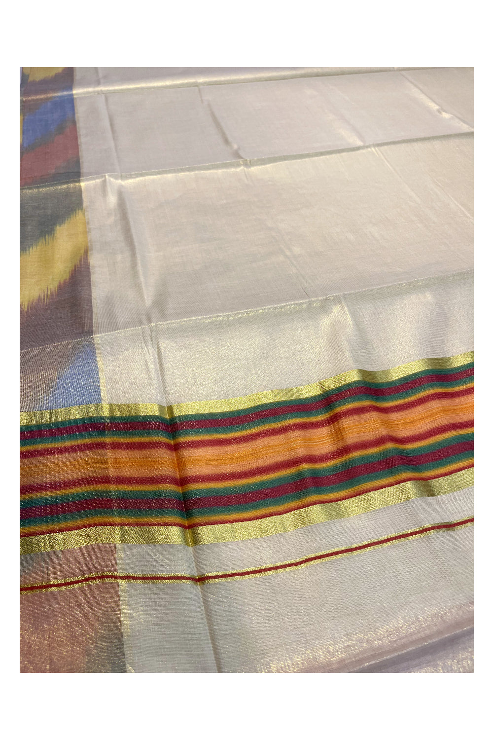 Southloom Kerala Tissue Kasavu Saree with Orange and Red,Green Pochampally Design on Borders and Kara