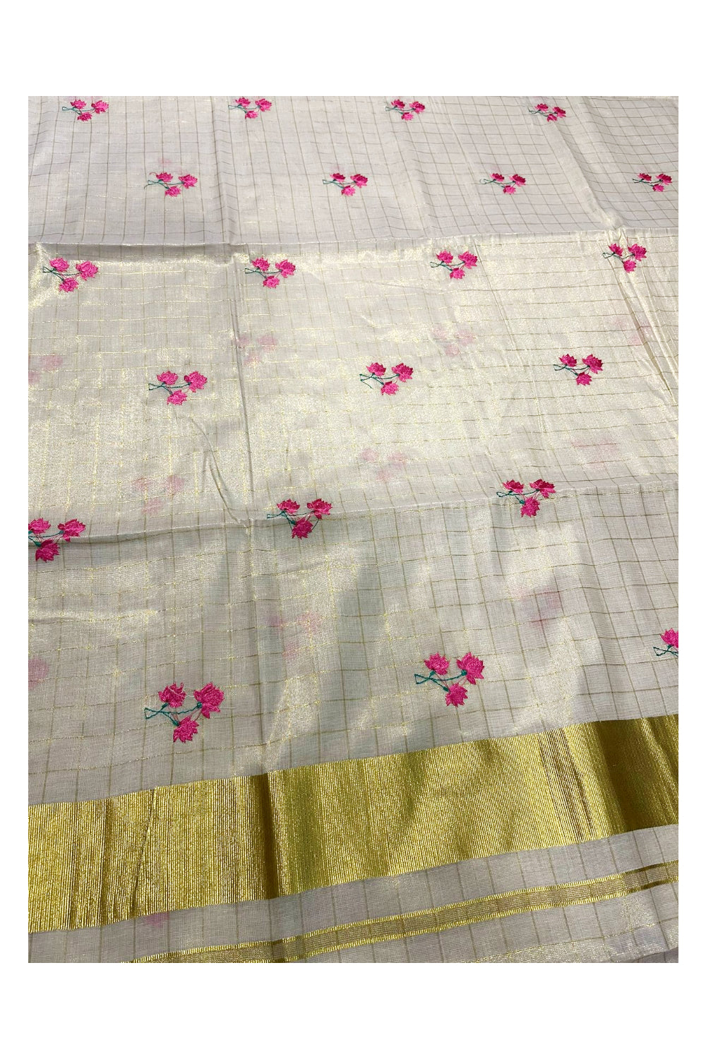 Kerala Tissue Kasavu Check Saree with Flower Embroidery Works